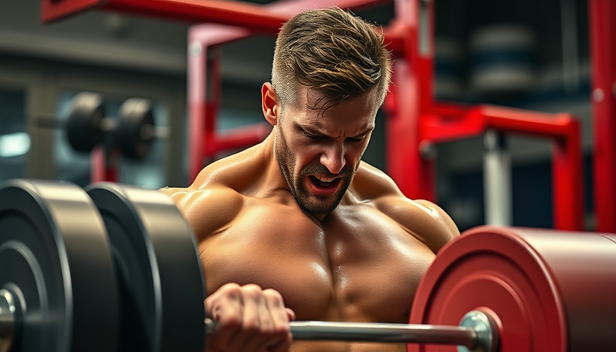 Male athlete lifting barbell in gym, showing determination.