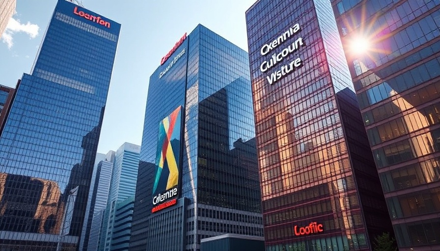 Tall buildings with Salesforce logo, AI tools for healthcare innovation.