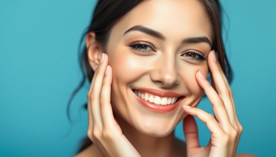 Healthy glowing skin of a smiling woman touching her face.