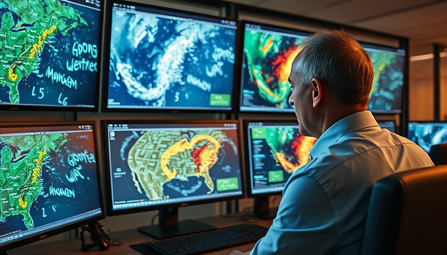 NOAA analyst monitoring weather data on multiple screens.