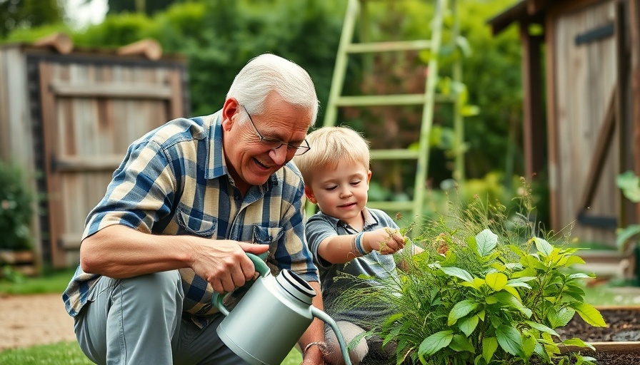 Elderly man and boy gardening, promoting healthy lifestyle choices.