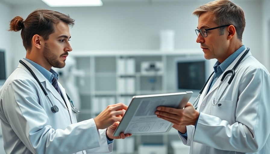 Doctors analyzing data on a tablet in healthcare technology setting.