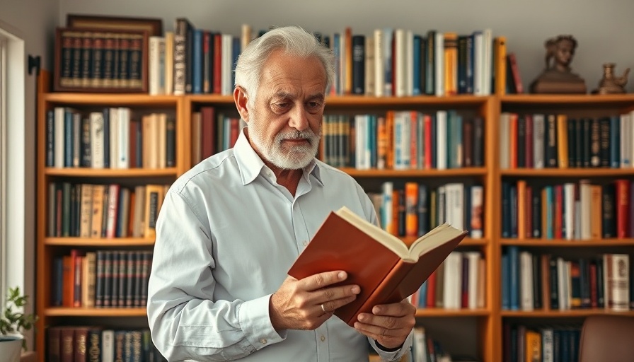 Elderly man reading by the bookshelf, demonstrating home improvements for aging independently.