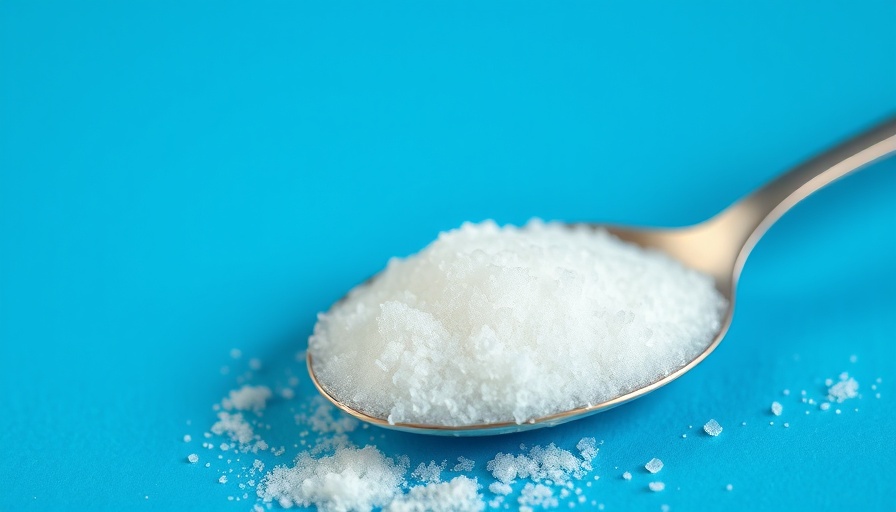 Spoonful of sugar on blue surface highlighting eating less sugar may unlock longevity.