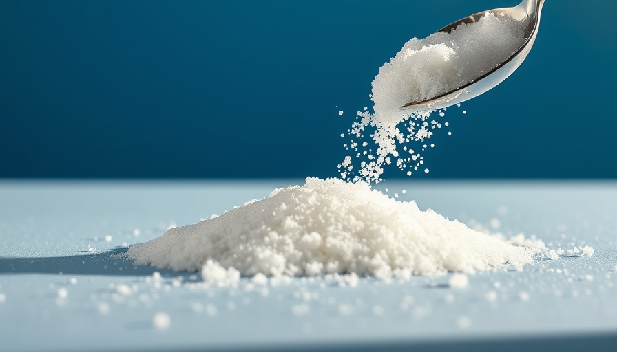 Spoonful of sugar spilling on blue surface, highlighting cut added sugar aging.