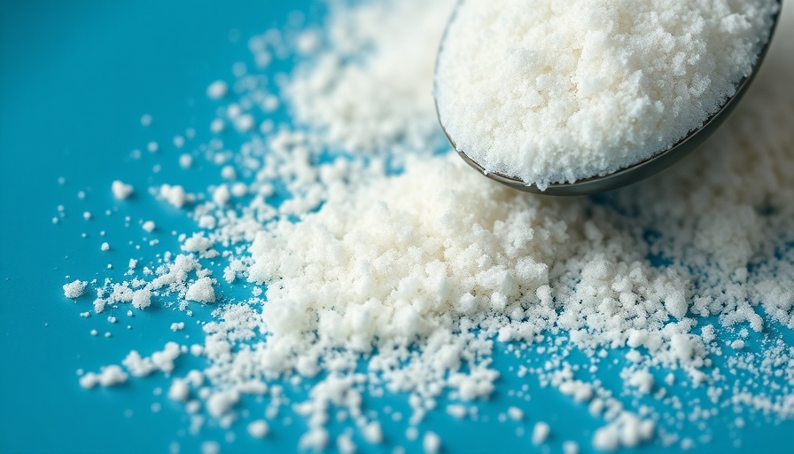 Granulated sugar spilling from a spoon on blue background, symbolizing reducing sugar intake and aging.