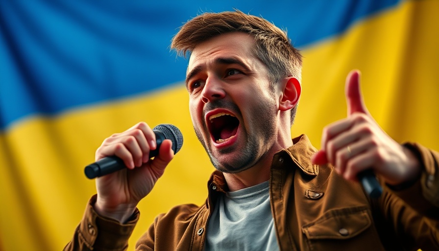 Man speaking passionately with Ukrainian flag backdrop, Zelensky Oval Office meltdown.