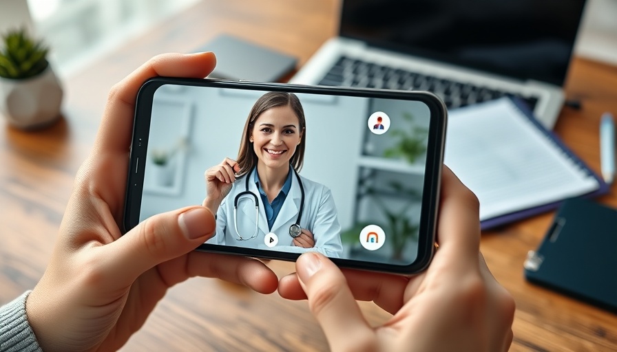 Hands holding smartphone with video call, viewed in office.