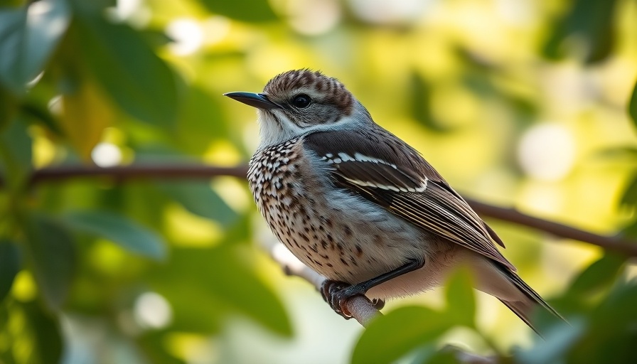 Speckled bird perched on branch with green foliage background.