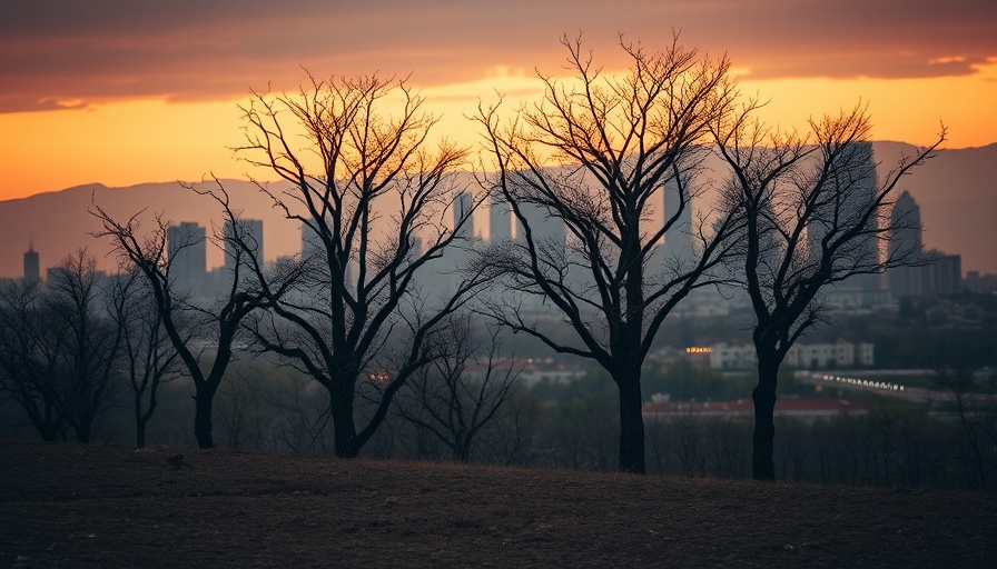 City skyline with barren trees highlighting environmental impact.