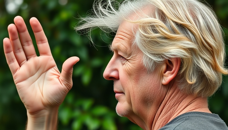 Profile image of an older man with hand raised in a natural setting.