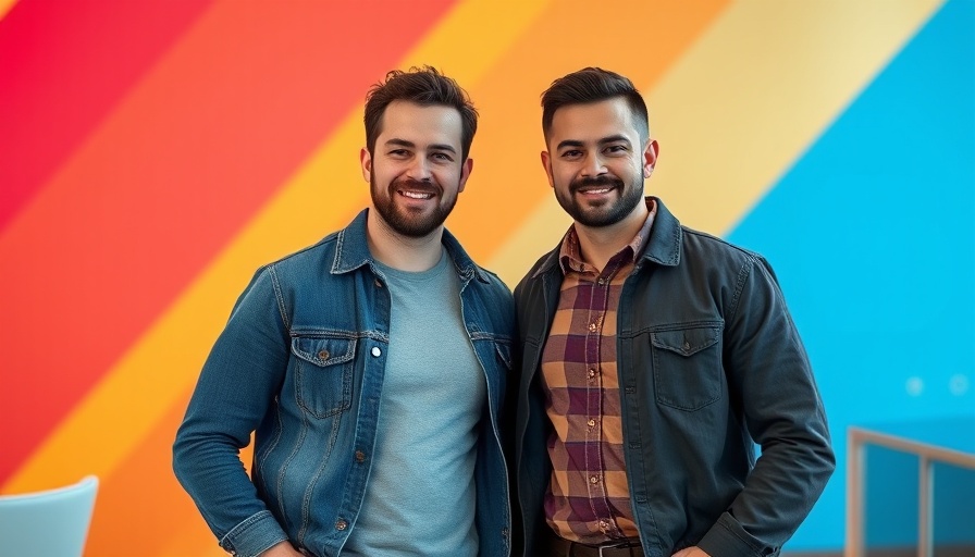Two men posing against colorful gradient wall, quantum computing innovations.