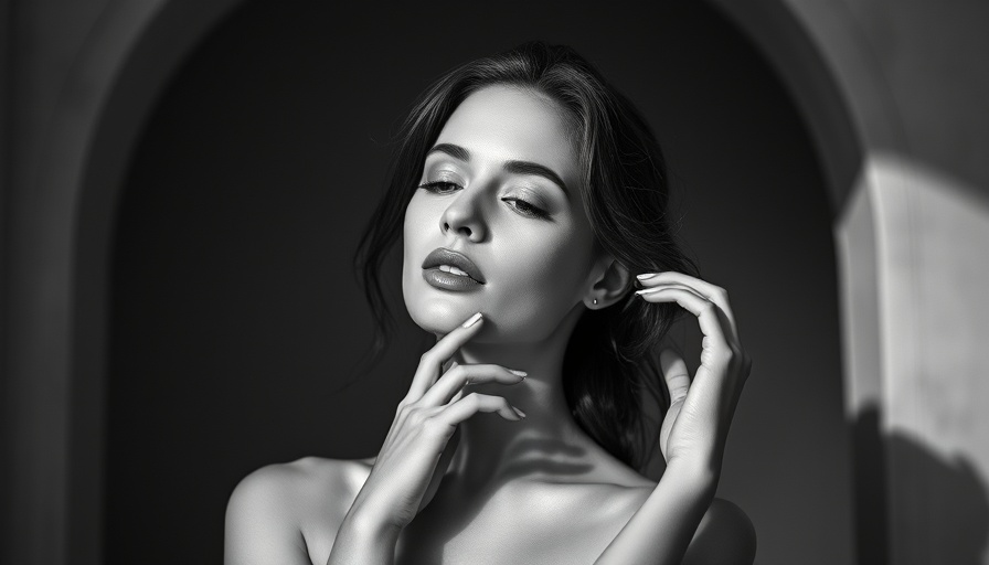 Elegant woman posing in minimalistic arch design with natural lighting.