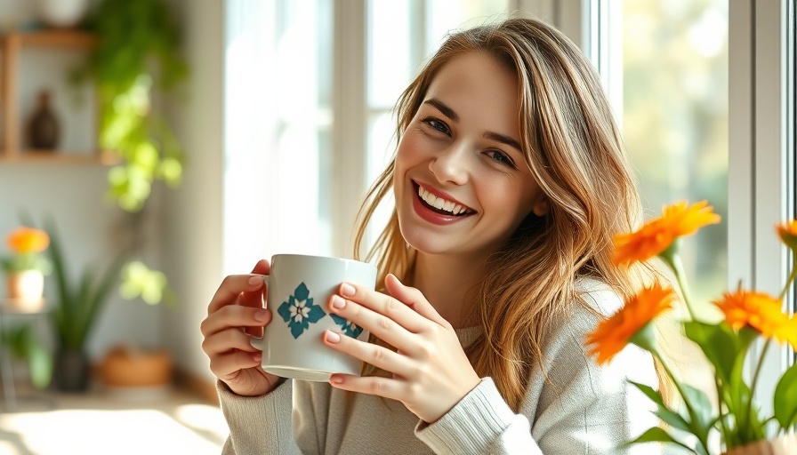 Smiling young woman enjoying a moment with coffee indoors.