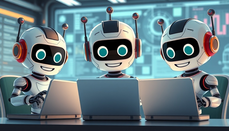Cartoon robots in a futuristic office working on laptops.