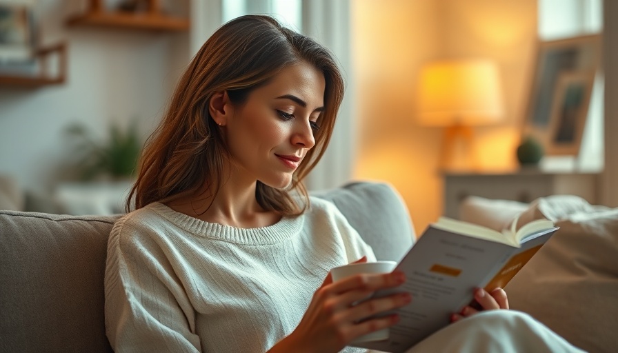Woman enjoying a cozy evening with a book and drink.