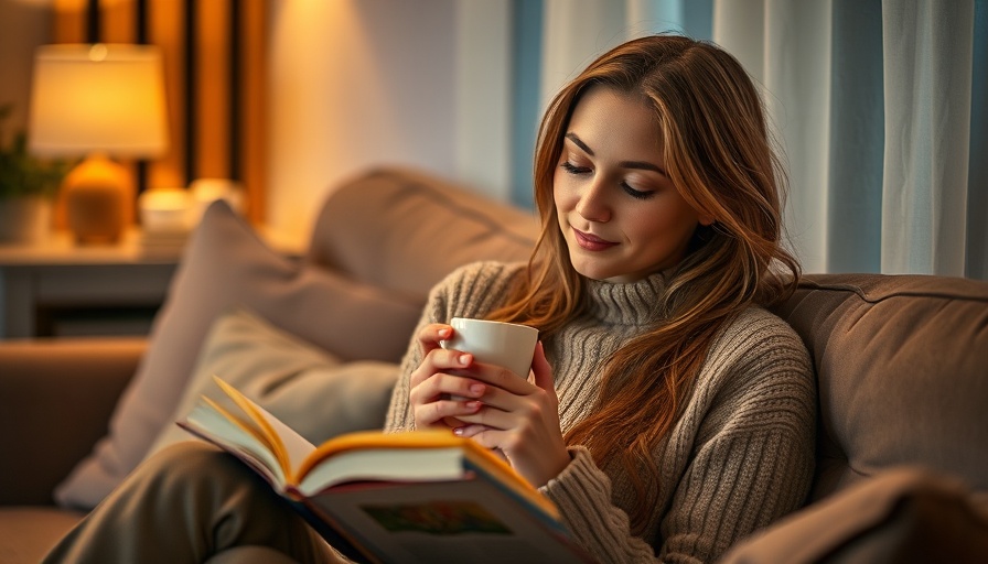 Woman reading with a drink, cozy living room, tart cherry juice sleep aid.