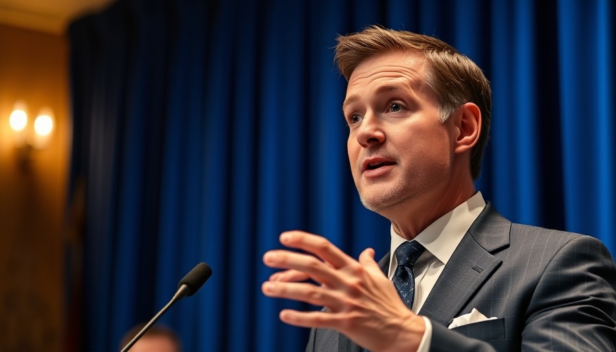 Speaker at a formal event against a blue backdrop discussing an aspiration fraud scheme.