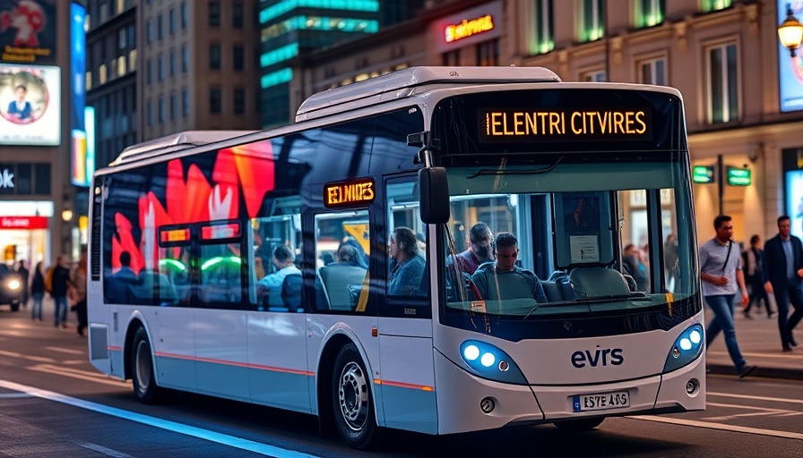 Zero-emission city buses EU on urban streets at night.