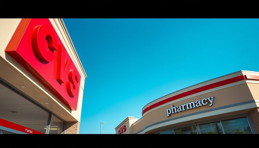 Bright red CVS pharmacy sign on building facade.