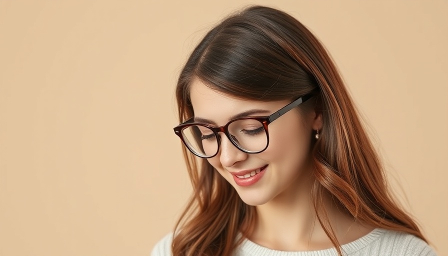 Smiling woman with glasses, representing awkward zodiac signs, against beige background.