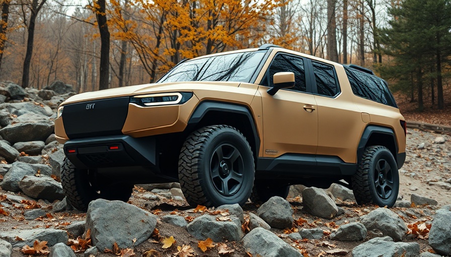 Matte tan electric truck on rocky terrain with autumn backdrop