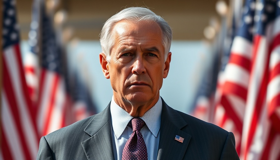 Serious older male with flags, symbolizing Trump tariff policy.