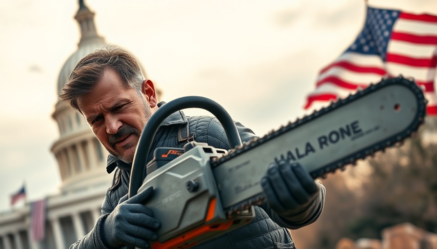 Stylized man with chainsaw in front of Capitol, U.S. flag backdrop.
