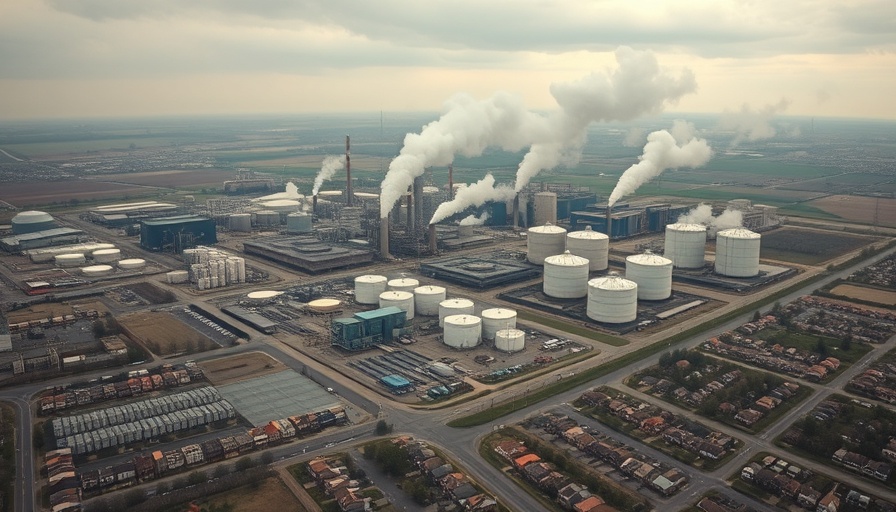 Aerial view of industrial area with smoke stacks and nearby homes, global carbon emissions companies responsible.