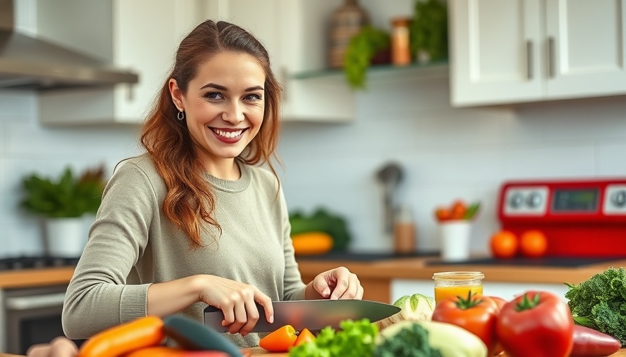 Healthy cooking scene to decrease bowel cancer risk, woman chops vegetables in kitchen.