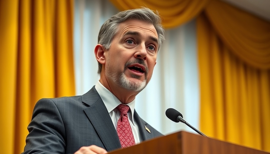 Mature male speaks at podium with yellow curtain backdrop.