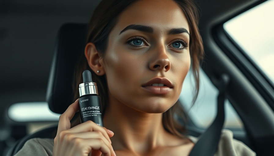 Portrait with Neck Firming Serum in car interior, natural lighting.
