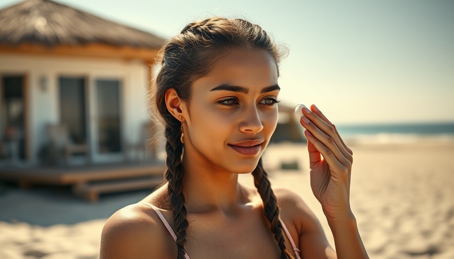 Woman applying sunscreen on beach to reduce collagen production reduction