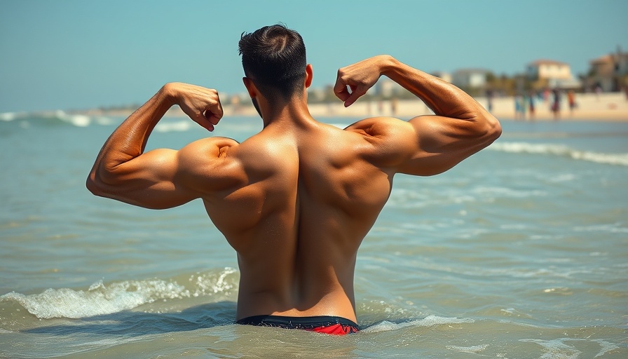 Man flexing muscles at the beach, water around him, back view.