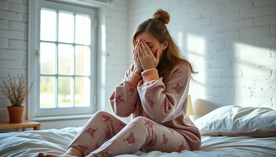 Sleepy woman in pajamas reliant on melatonin sitting on bed.