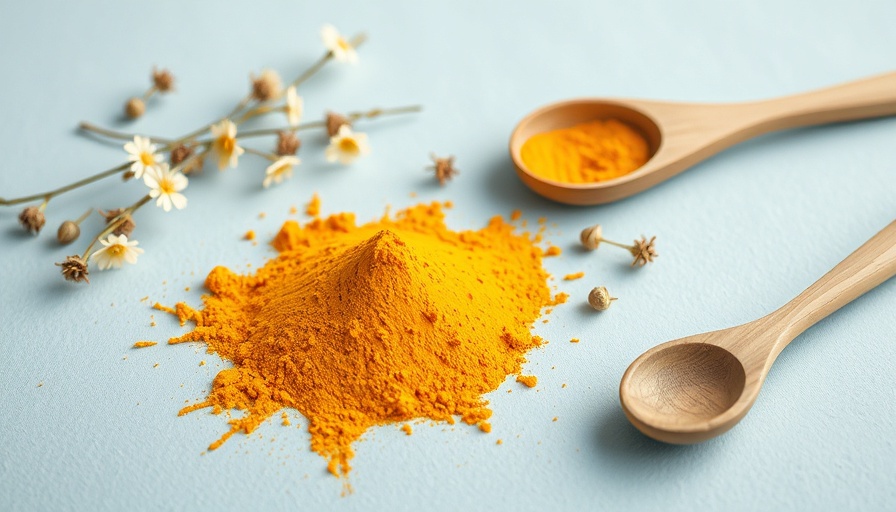 Turmeric powder with wooden spoon on blue background for PMS relief.