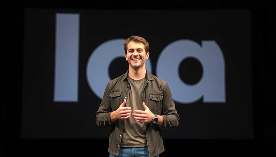 Presenter in front of abstract logo at Microsoft AI development competition with OpenAI.