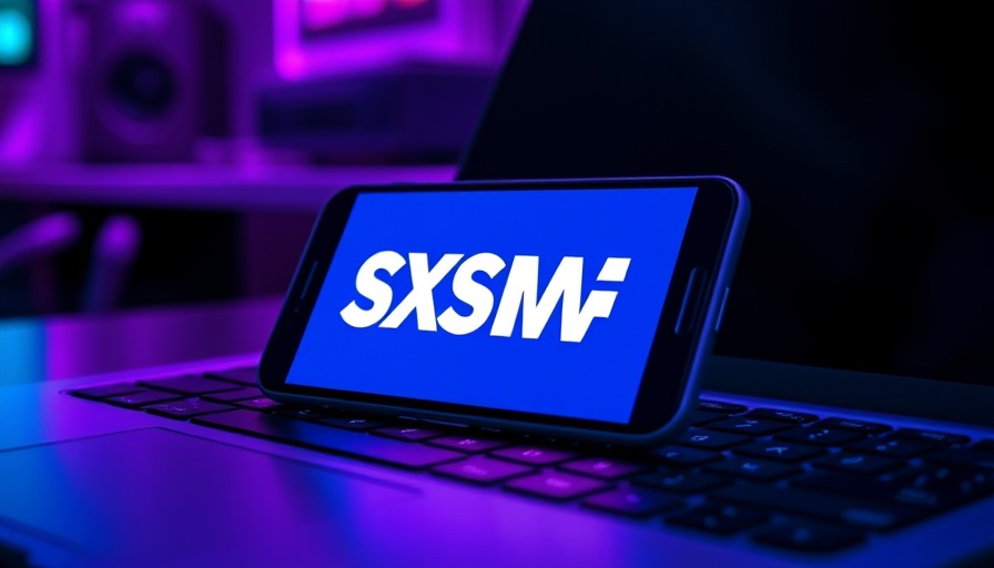 SXSW logo on smartphone screen over keyboard at AI SXSW 2025