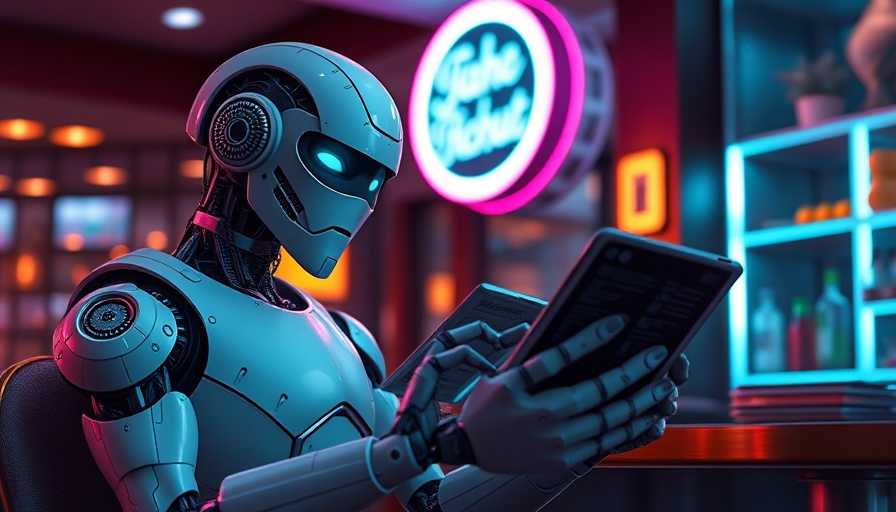 Futuristic robot exploring menu options in a neon-lit cafe.