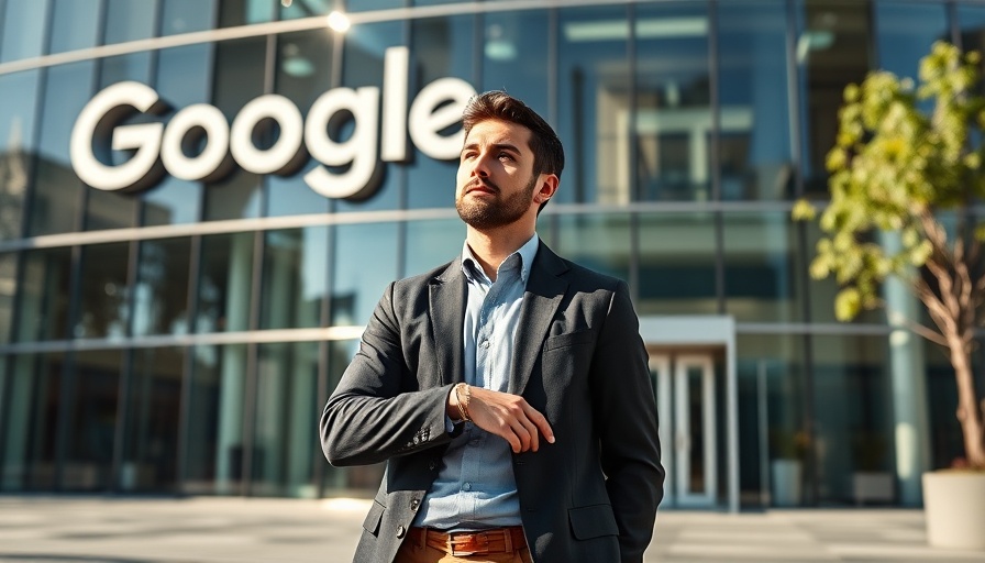 Man outside Google HQ reflecting on diversity and equity news.
