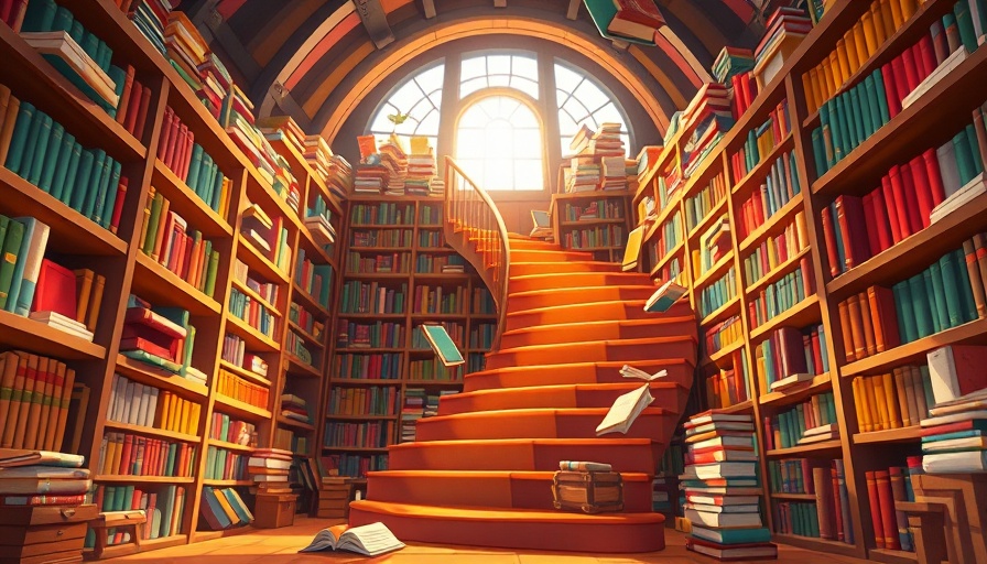 Whimsical library with floating books and stairway made of books, vibrant scene.