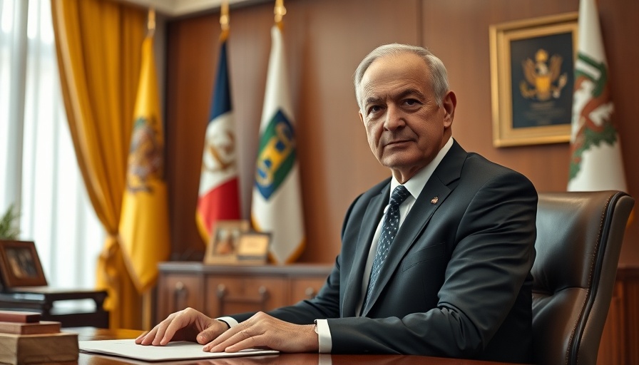 Person seated at desk with flags, related to Biden Autopen Scandal.