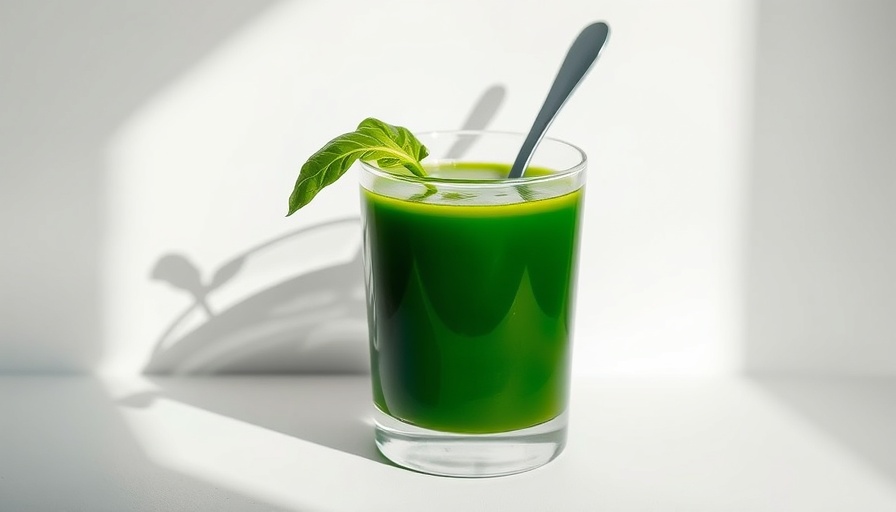 Green algae juice with spinach leaf and spoon showcasing protein benefits of algae.