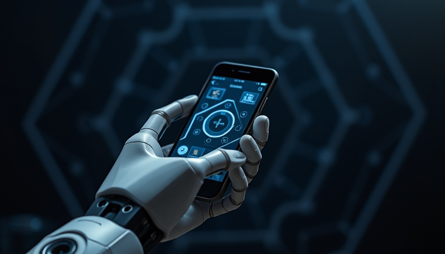 Robotic hand with smartphone representing AI skepticism.