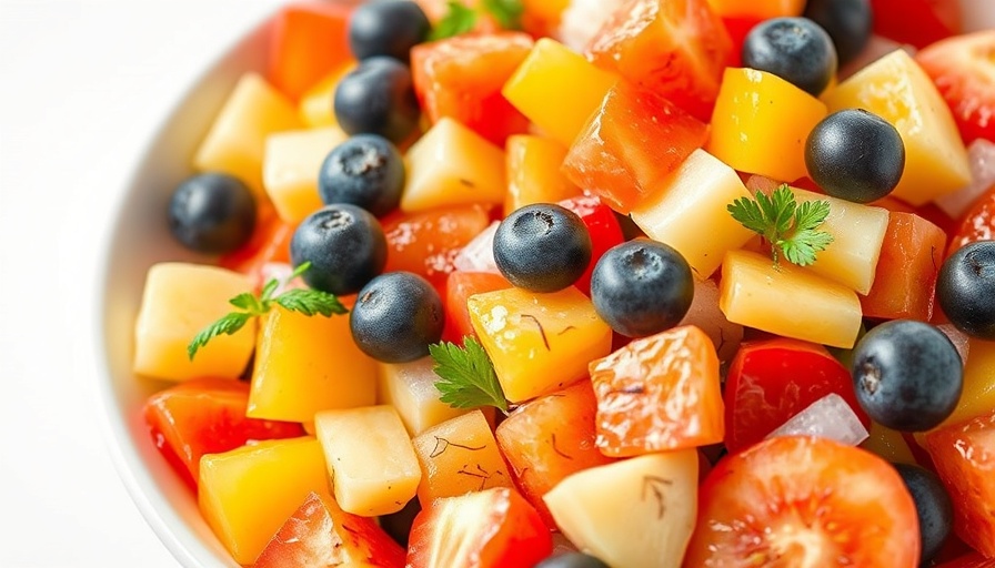 Fresh and vibrant mixed fruit salad in a white bowl.