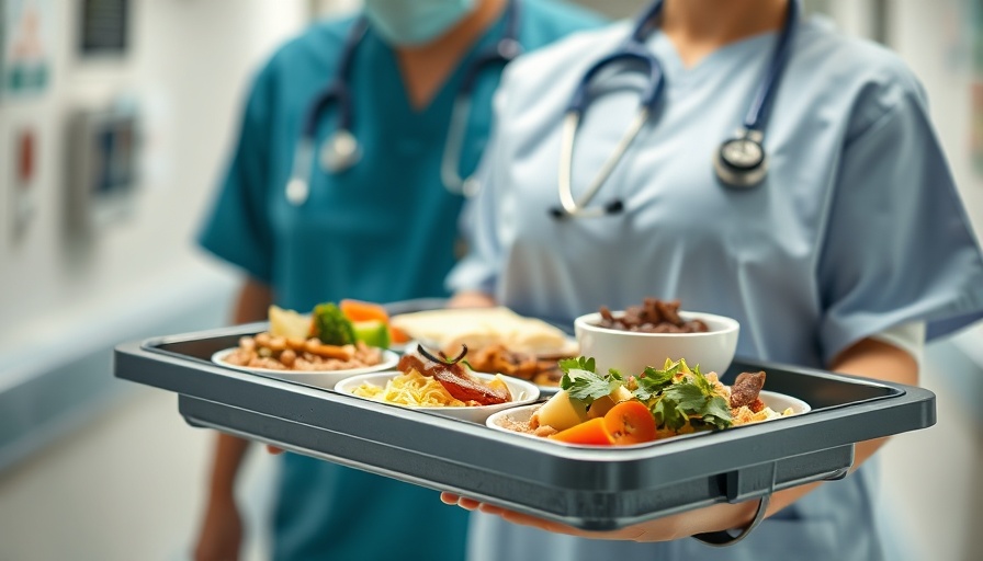 Hospital food tray carried by staff member showing various dishes.