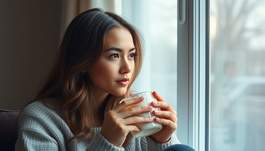 Young woman sipping a hot drink to ease period symptoms, indoors by window.