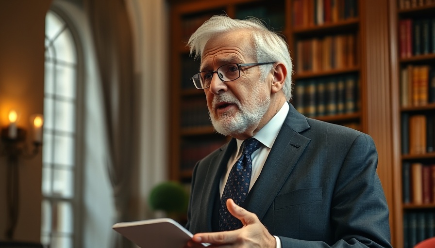 Distinguished older man delivering speech in elegant room, AI Governance in Healthcare.