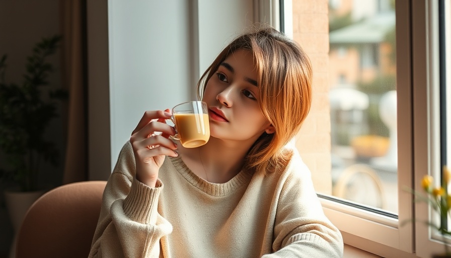 Young woman enjoying a drink to ease period symptoms by a window.