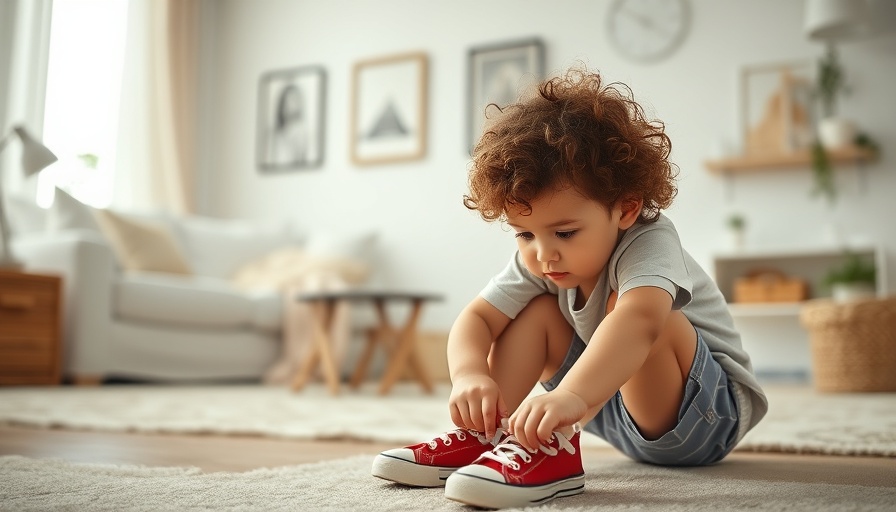 Letting kids struggle, young child tying shoelaces indoors.